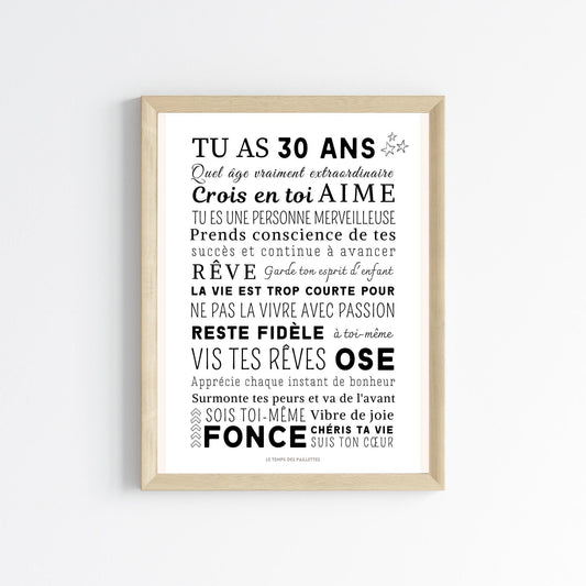 Affiche 30 ans - Carte 30ème anniversaire - Décoration de fête d'anniversaire par Le Temps des Paillettes - Le Temps des Paillettes