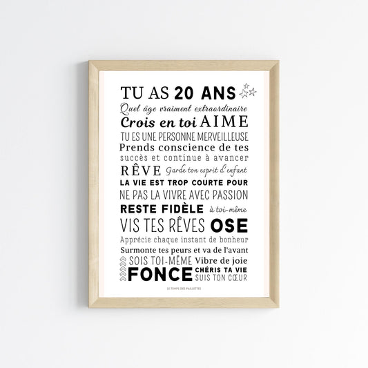 Affiche 20 ans - Carte 20ème anniversaire - Décoration de fête d'anniversaire par Le Temps des Paillettes - Le Temps des Paillettes