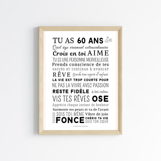 Affiche 60 ans - Carte 60ème anniversaire - Décoration de fête d'anniversaire par Le Temps des Paillettes - Le Temps des Paillettes