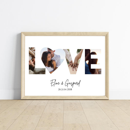 Affiche couple LOVE avec date et photo collage - Cadre photo personnalisé