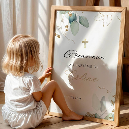 Affiche bienvenue baptême eucalyptus doré personnalisée – déco cérémonie élégante
