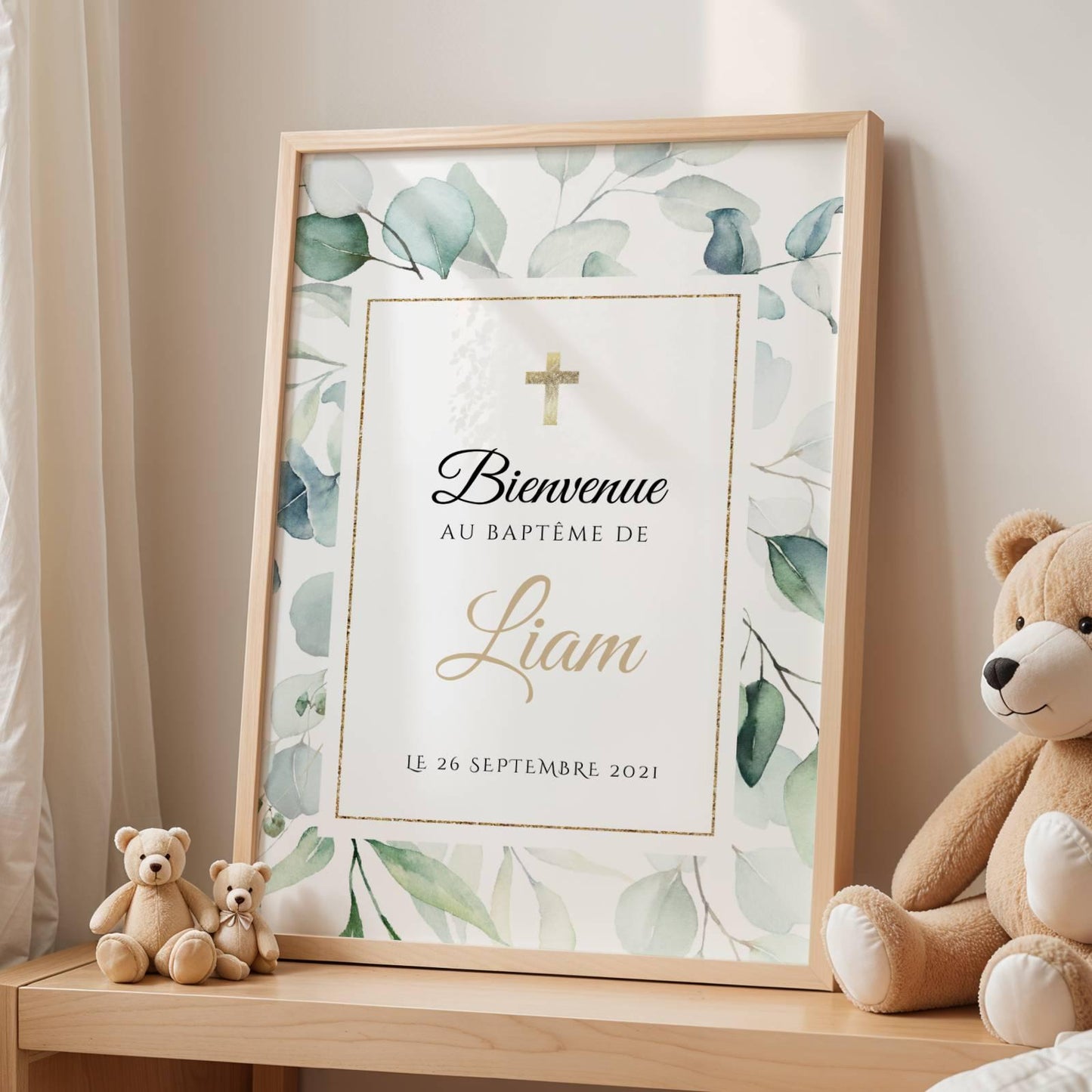 Affiche bienvenue baptême eucalyptus vert personnalisée – déco naturelle cérémonie - Image 2