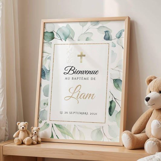 Affiche bienvenue baptême eucalyptus vert personnalisée – déco naturelle cérémonie