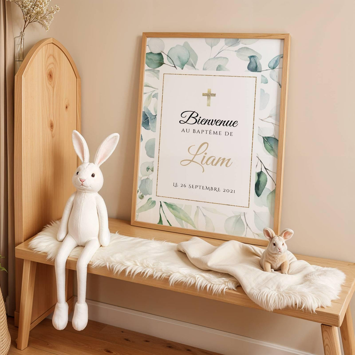 Affiche bienvenue baptême eucalyptus vert personnalisée – déco naturelle cérémonie - Image 1