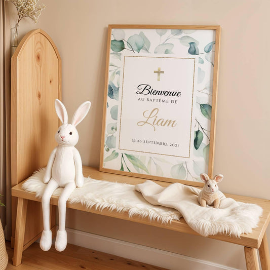 Affiche bienvenue baptême eucalyptus vert personnalisée – déco naturelle cérémonie - Image 1