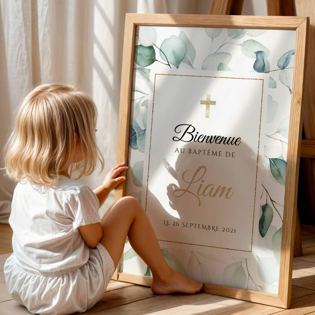 Affiche bienvenue baptême eucalyptus vert personnalisée – déco naturelle cérémonie - Image 3