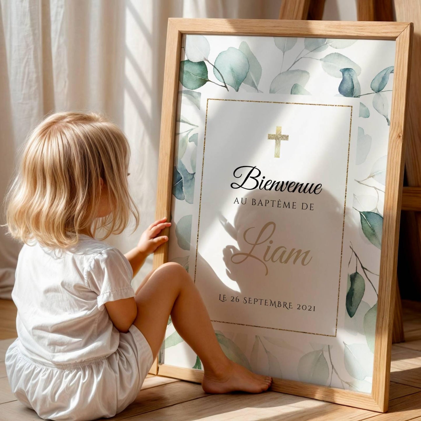 Affiche bienvenue baptême eucalyptus vert personnalisée – déco naturelle cérémonie - Image 3