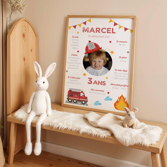 Affiche Anniversaire Enfant Personnalisée Thème Pompier – Poster Étapes 1 An 2 Ans Garçon Cadeau Fête