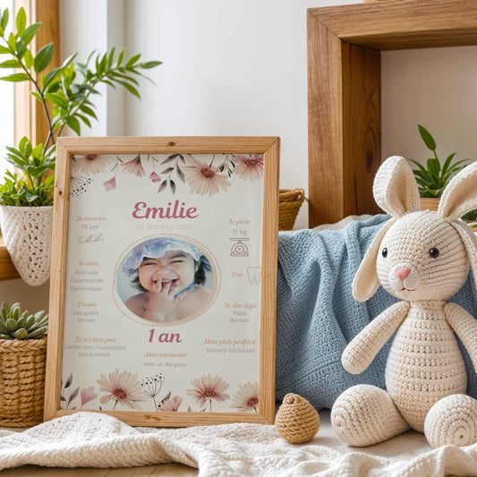 Affiche anniversaire fleurs roses personnalisée - Thème fille bohème