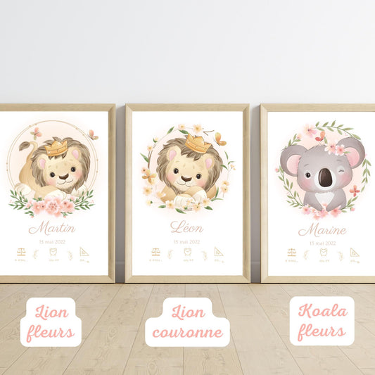 poster naissance bébé animal personnalisé 18 illustrations prénom date chambre