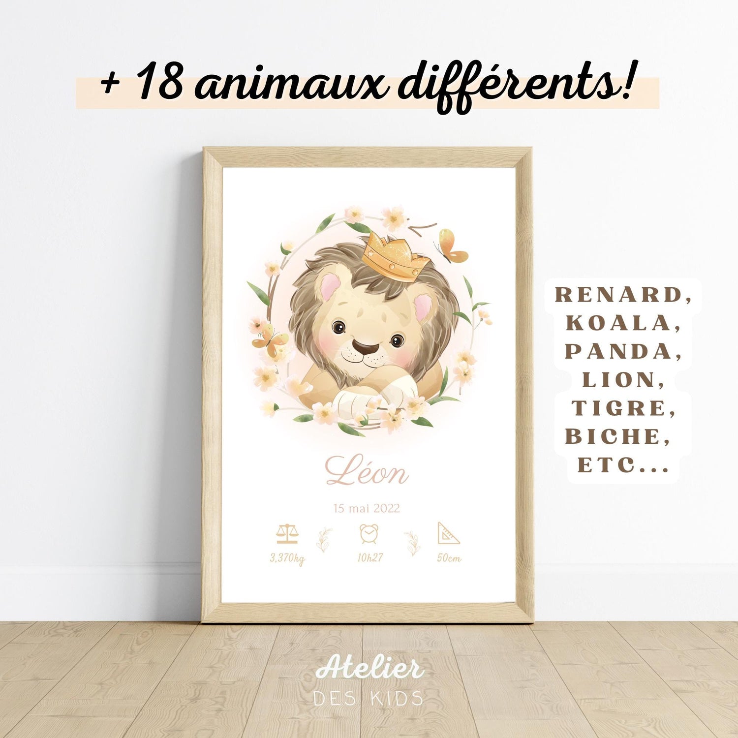 affiche naissance personnalisée animaux au choix poster prénom bébé cadeau naissance