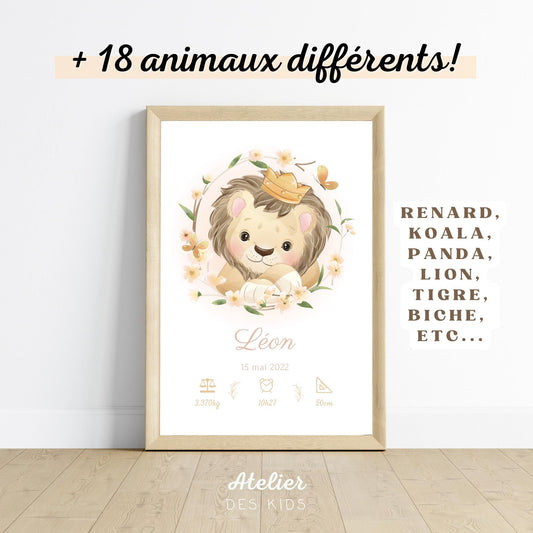 affiche naissance personnalisée animaux au choix poster prénom bébé cadeau naissance