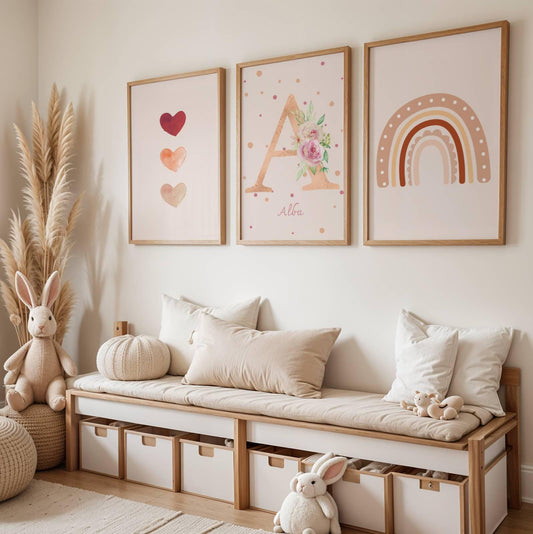 Lot 3 Affiches Chambre Bébé Bohème Arc-en-Ciel Terracotta Cœurs – Galerie Murale Personnalisée Prénom Cadeau Naissance