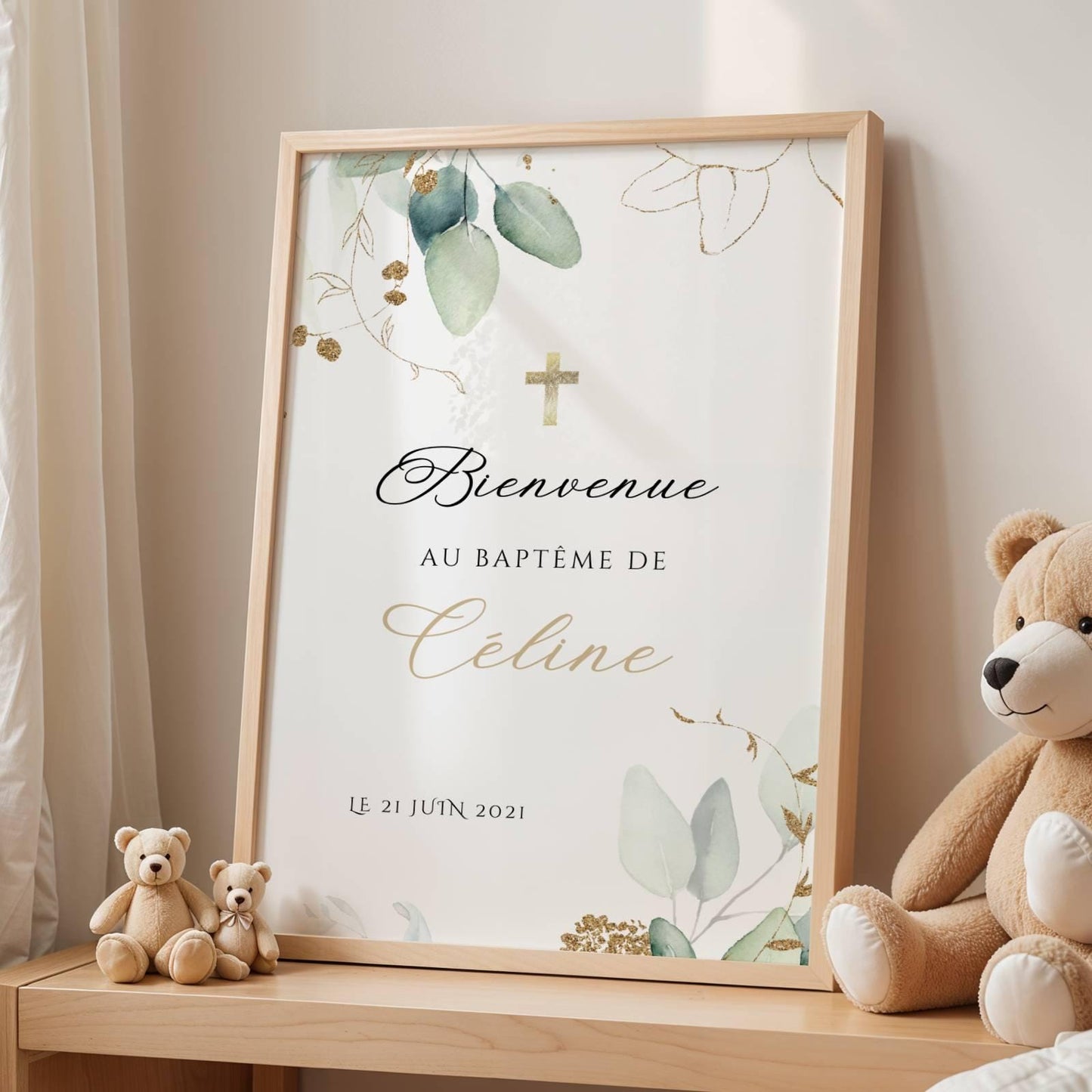 Affiche bienvenue baptême eucalyptus doré personnalisée – déco cérémonie élégante - Image 4