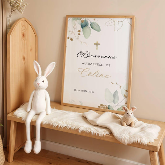 Affiche bienvenue baptême eucalyptus doré personnalisée – déco cérémonie élégante