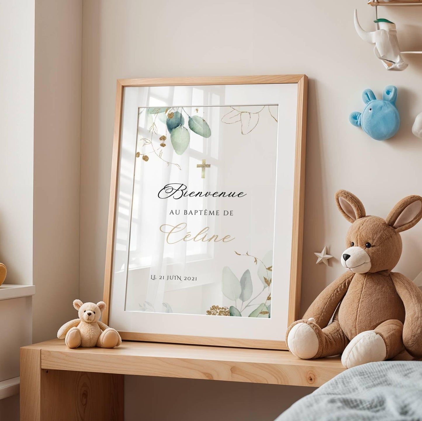 Affiche bienvenue baptême eucalyptus doré personnalisée – déco cérémonie élégante - Image 3