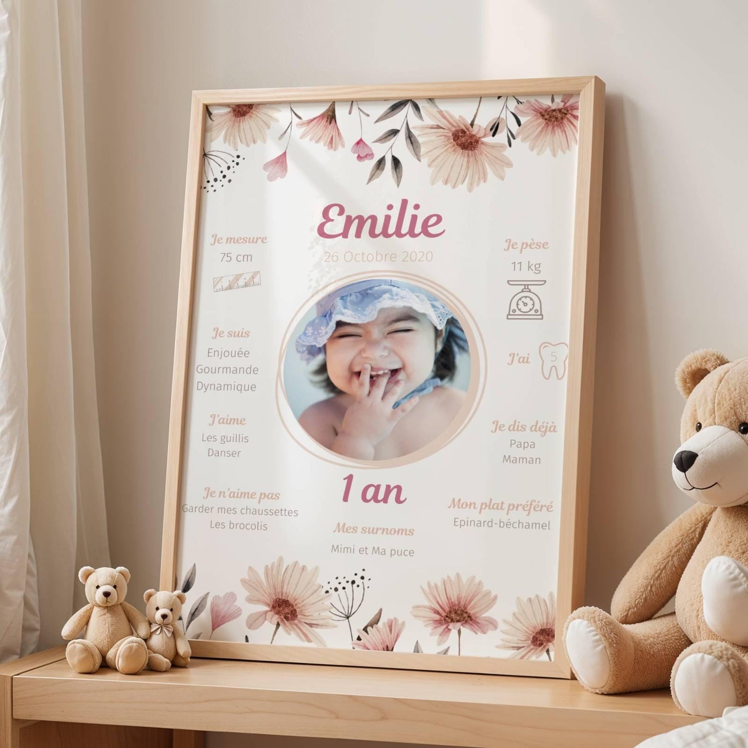 Affiche Anniversaire Fille Personnalisée Thème Fleurs Roses Bohème – Poster Étapes 1 An 2 Ans Cadeau Fête - Image 1