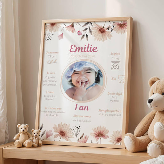 Affiche anniversaire fleurs roses personnalisée - Thème fille bohème