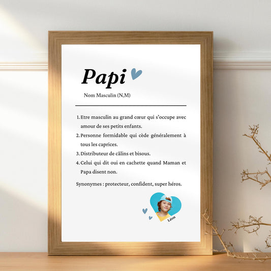 Affiche définition Papi personnalisée avec photo – Cadeau fête des grands-pères ou noel
