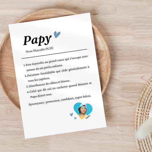 Affiche définition Papi personnalisée avec photo – Cadeau fête des grands-pères ou noel
