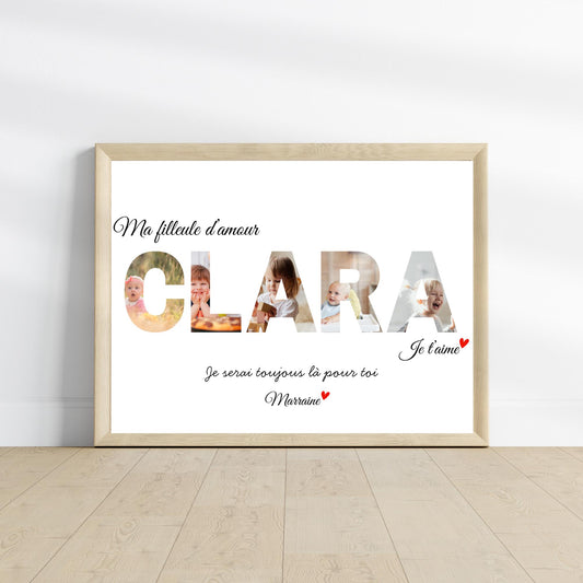Affiche enfant prénom personnalisée  avec photo - cadeau pour filleule  filleul baptême, naissance, Noël