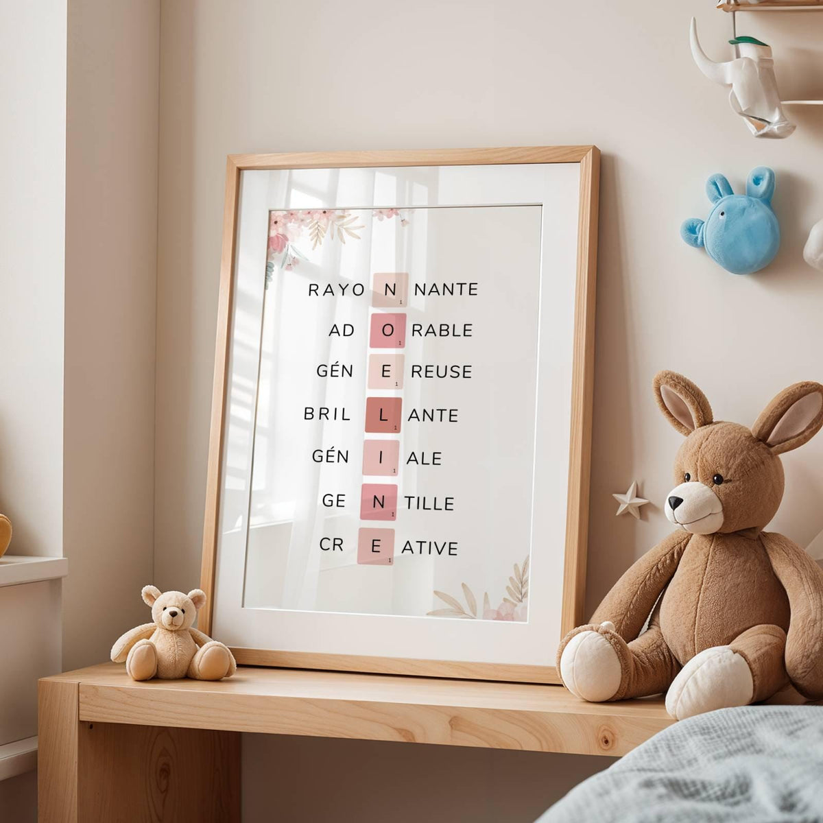 Affiche Prénom Personnalisée Scrabble – Cadeau Naissance Original Fille Rose Pastel - Image 4