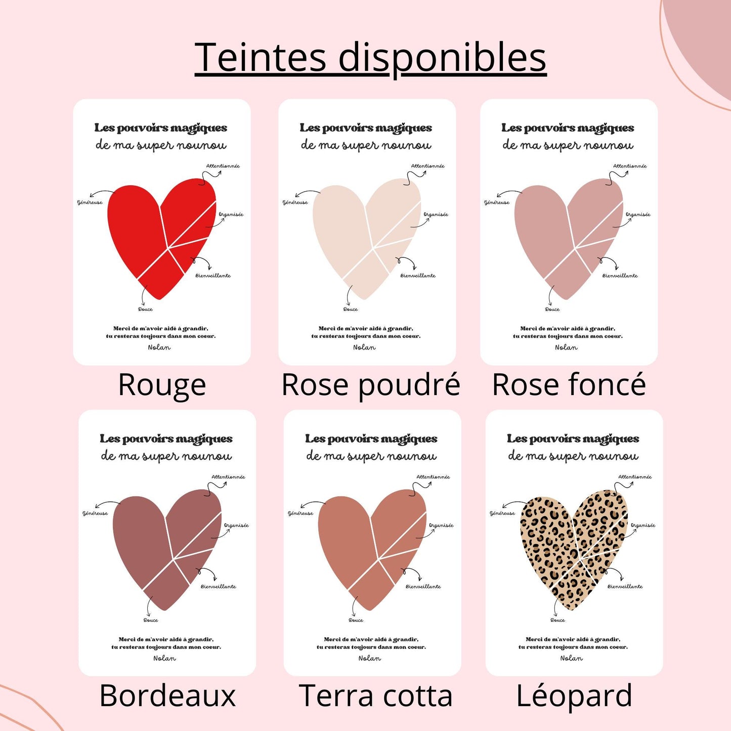 Set of six Affiche Mamie Personnalisée posters in various colors and patterns for Fête des Grands-Mères with heart and.