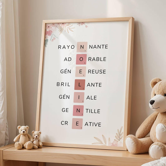 Affiche Prénom Personnalisée Scrabble – Cadeau Naissance Original Fille Rose Pastel - Image 1