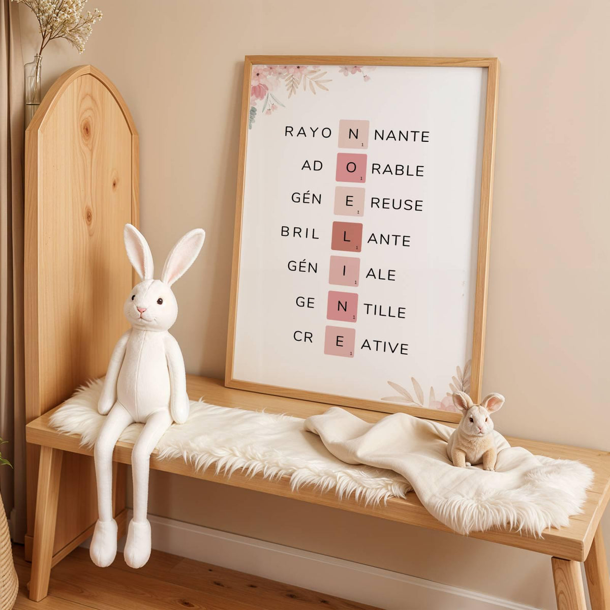 Affiche Prénom Personnalisée Scrabble – Cadeau Naissance Original Fille Rose Pastel - Image 6