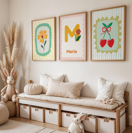 Lot 3 Affiches Chambre Enfant Dopamine Fleurs Cerises Colorées Prénom – Galerie Murale Personnalisée Cadeau Naissance