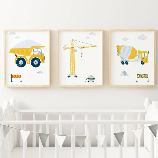 Lot 3 Affiches Chambre Garçon Engins Chantier Camion Pelleteuse – Galerie Murale Prénom Personnalisé Cadeau Naissance