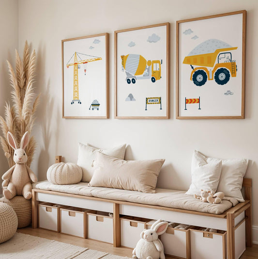 Lot 3 Affiches Chambre Garçon Engins Chantier Camion Pelleteuse – Galerie Murale Prénom Personnalisé Cadeau Naissance