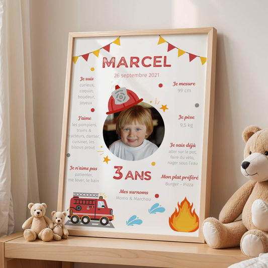Affiche Anniversaire Enfant Personnalisée Thème Pompier – Poster Étapes 1 An 2 Ans Garçon Cadeau Fête