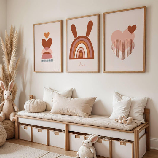 Lot 3 Affiches Chambre Bébé Bohème Arc-en-Ciel Terracotta – Galerie Murale Personnalisée Prénom Cadeau Naissance Fille