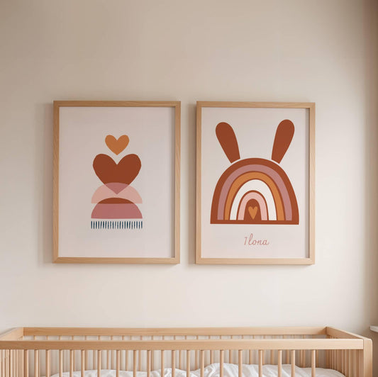Lot 3 Affiches Chambre Bébé Bohème Arc-en-Ciel Terracotta – Galerie Murale Personnalisée Prénom Cadeau Naissance Fille