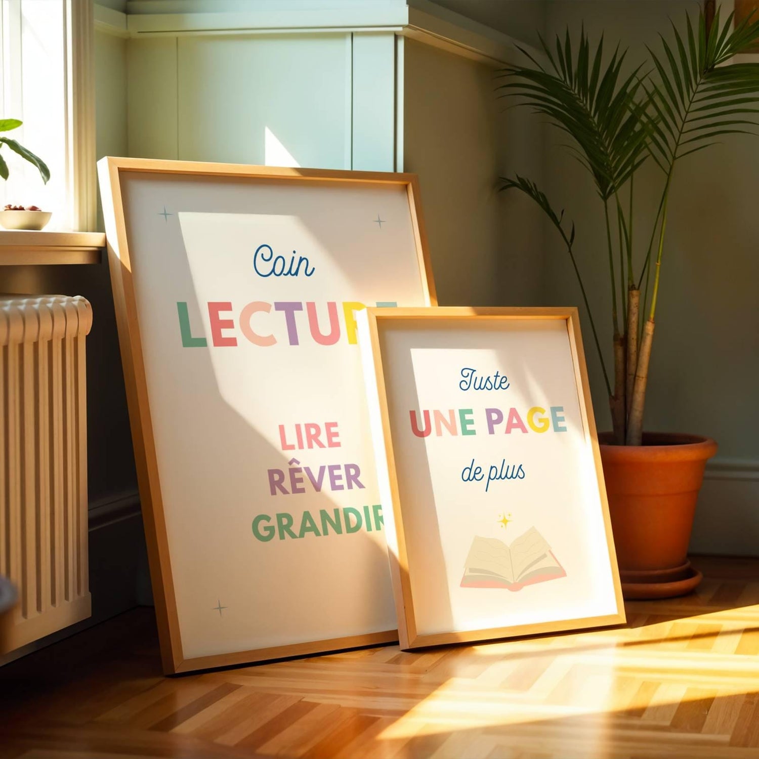 Duo d'affiches Coin Lecture aux teintes pastel pour chambre d'enfant, décoration Montessori minimaliste avec citations sur la lecture.