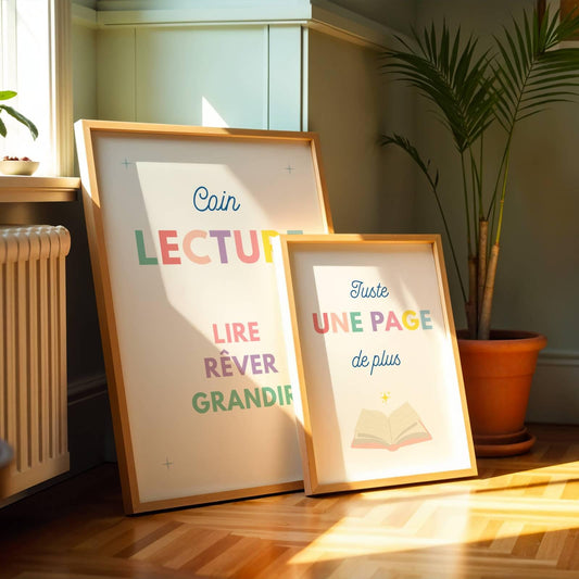 Duo d'affiches Coin Lecture aux teintes pastel pour chambre d'enfant, décoration Montessori minimaliste avec citations sur la lecture.