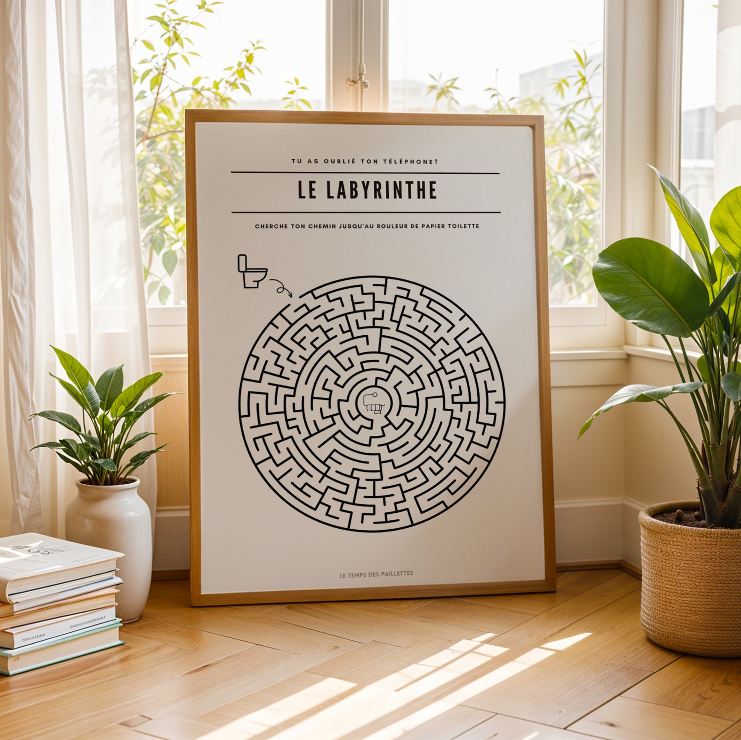 Poster labyrinthe WC décoratif, affiche minimaliste salle de bain et toilettes, design graphique ludique, décoration originale Le Temps des Paillettes