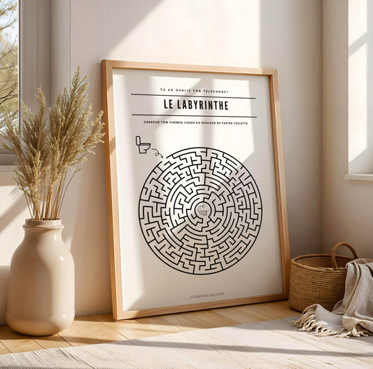 Poster labyrinthe WC décoratif, affiche minimaliste salle de bain et toilettes, design graphique ludique, décoration originale Le Temps des Paillettes