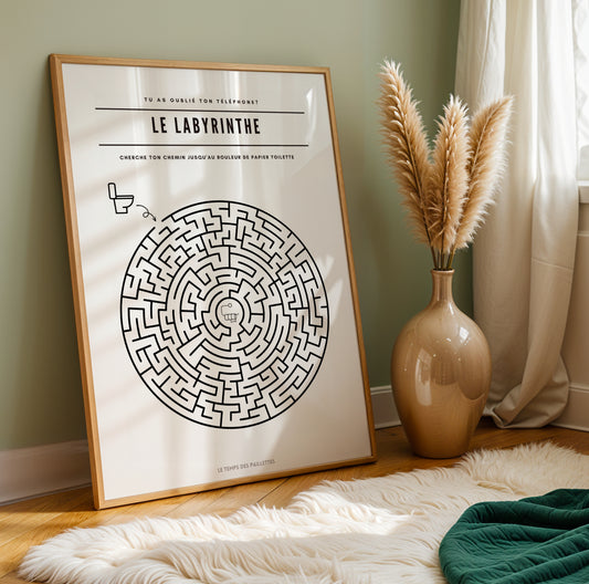 Poster labyrinthe WC décoratif, affiche minimaliste salle de bain et toilettes, design graphique ludique, décoration originale Le Temps des Paillettes