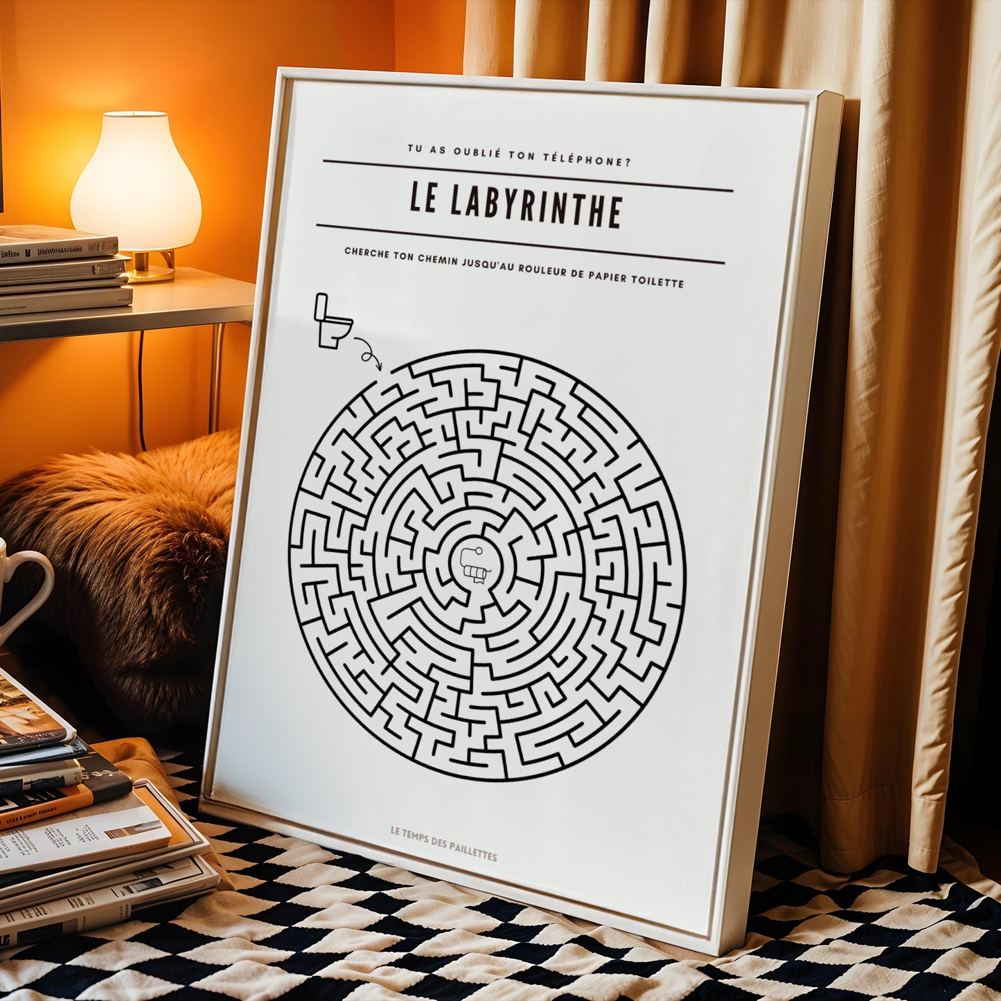 Poster labyrinthe WC décoratif, affiche minimaliste salle de bain et toilettes, design graphique ludique, décoration originale Le Temps des Paillettes