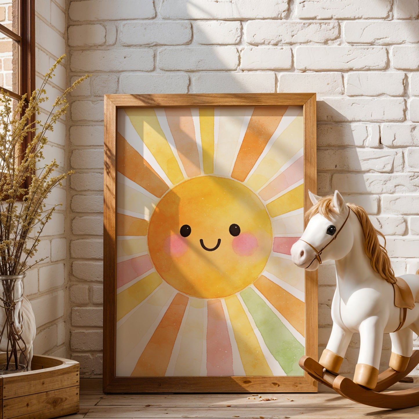 Poster soleil aquarelle tons chauds pastel – décoration murale nursery