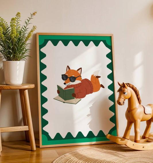 Affiche Renard Lecteur – Poster Coloré Animaux Rigolos Chambre Enfant Dopamine Decor Cadeau Naissance