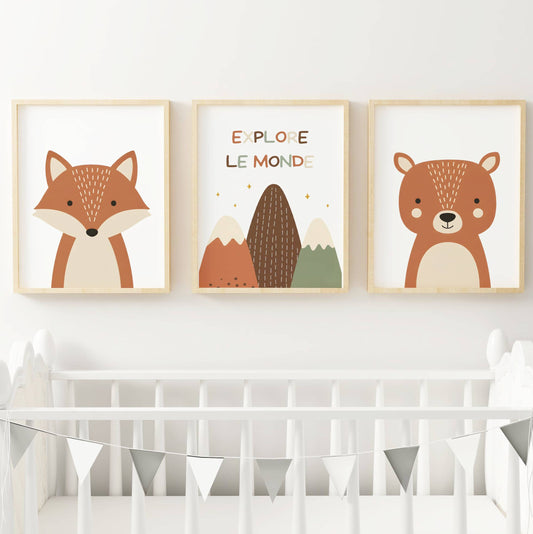 Lot 3 Affiches Chambre Bébé Forêt Montagne Ours Renard Minimaliste – Galerie Murale Cadeau Naissance Garçon Nature