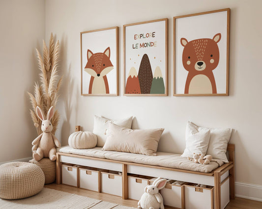 Lot 3 Affiches Chambre Bébé Forêt Montagne Ours Renard Minimaliste – Galerie Murale Cadeau Naissance Garçon Nature