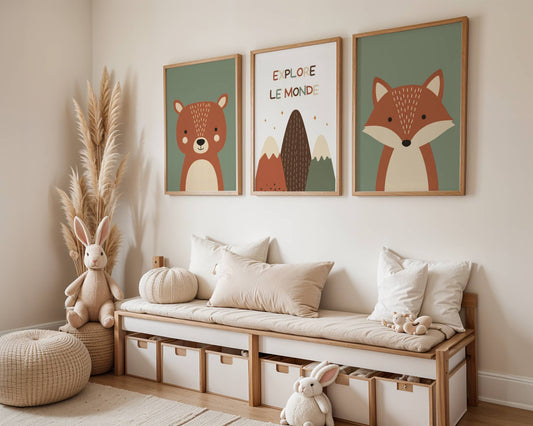 Lot 3 Affiches Chambre Enfant Forêt Montagne Ours Renard – Galerie Murale Personnalisée Prénom Cadeau Naissance Garçon