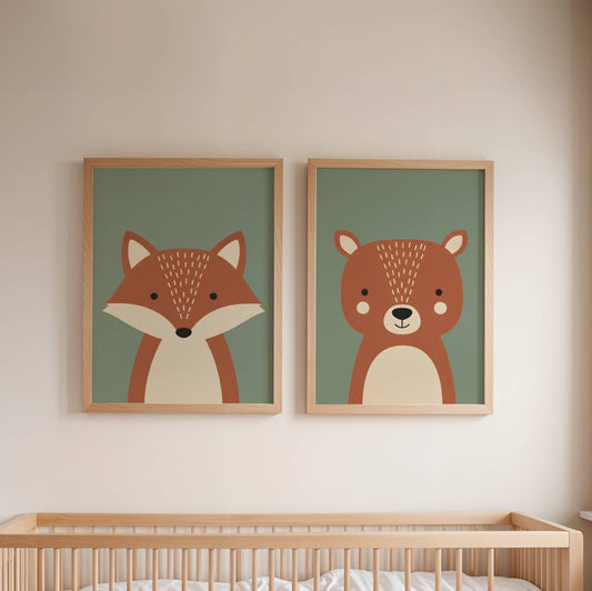 Lot 3 Affiches Chambre Enfant Forêt Montagne Ours Renard – Galerie Murale Personnalisée Prénom Cadeau Naissance Garçon