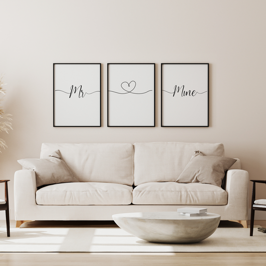 Affiches Triptyque Monsieur Madame - Affiche minimaliste- Cadeau jeunes mariés par Le Temps des Paillettes - Le Temps des Paillettes