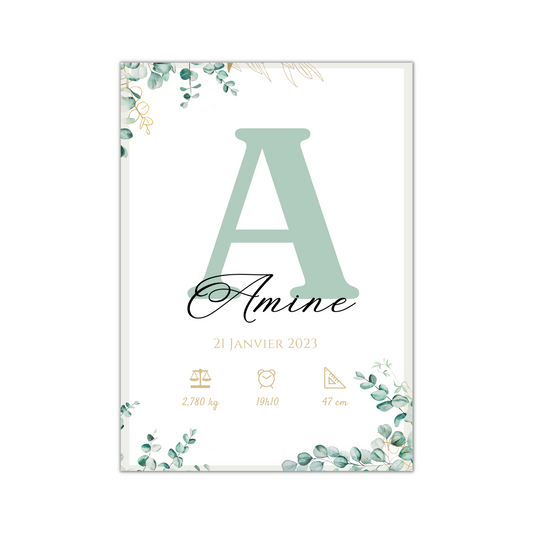 Affiche de naissance personnalisée prénom initiale vert eucalyptus - Cadeau de naissance personnalisé par Le Temps des Paillettes - Le Temps des Paillettes