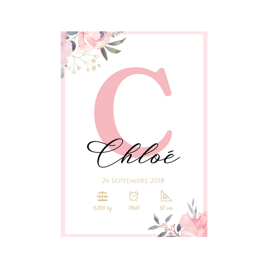 Affiche de naissance personnalisée prénom initiale rose - Cadeau de naissance personnalisé par Le Temps des Paillettes - Le Temps des Paillettes
